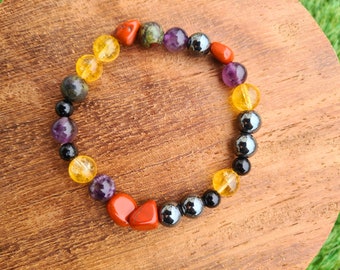 6 Crystals Healing Bracelet with Tourmaline, Amethyst, Citrine, Red Jasper, Dragon's Blood Jasper, Hematite; protection, joy and grounding