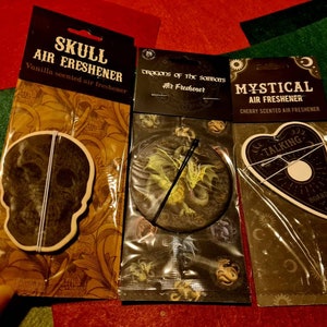 SET OF 3 Car Home Air freshener, skull vanilla scent, Dragon green apple fragrance, talking board cherry scent
