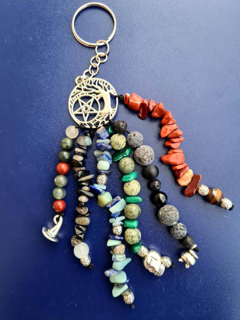 12 Stones Witchy key chain with witch hat tree of life scull cauldron charms and healing stones and its powerful energies pentagram