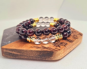 Natural Red Garnet & Clear Quartz Bracelet, chakras balancing, energy rise, grounding, stabilising and calming