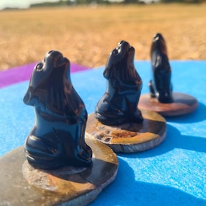 Könnte beinhalten: Drei schwarze Obsidian-Wolf-Figuren, jede auf einem runden, mehrfarbigen Steinsockel sitzend.