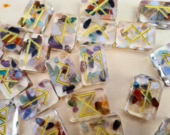 Magical 24 Futhark Runes (+1 blank) with semi precious stones chips in resine