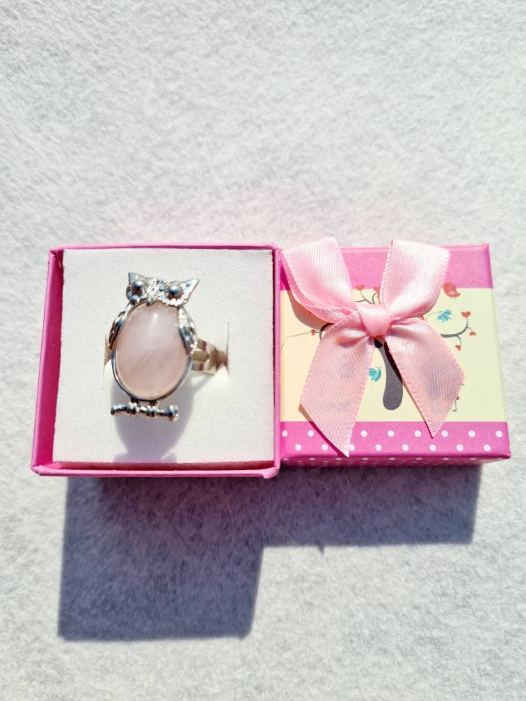 Healing Owl Rose Quartz Ring, self-love, love, heart chakra healing, size 8, 18mm, adjustable length