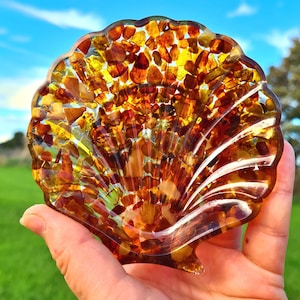 Puede incluir: Un plato con forma de concha lleno de piedras de ámbar. El plato está hecho de resina transparente y tiene un aspecto natural y orgánico.