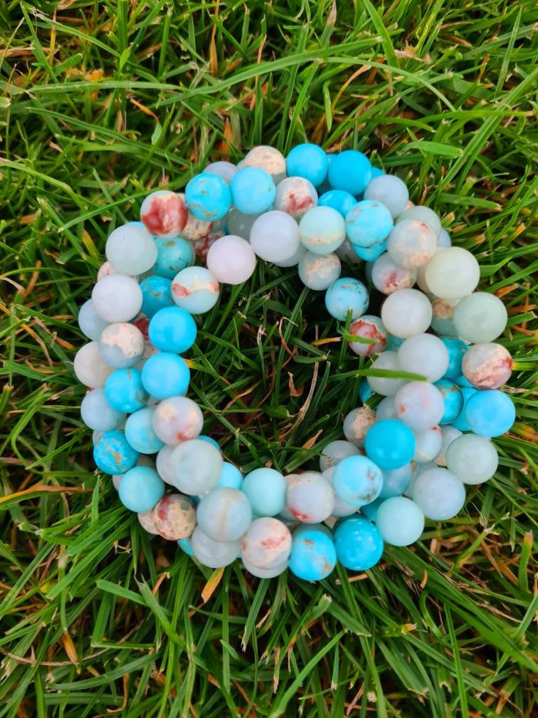 Turquoise, Sea Sediment Ocean Jasper & Blue Amazonite Healing Bracelet: heart and throat chakras, soothes emotional trauma, mindfulness
