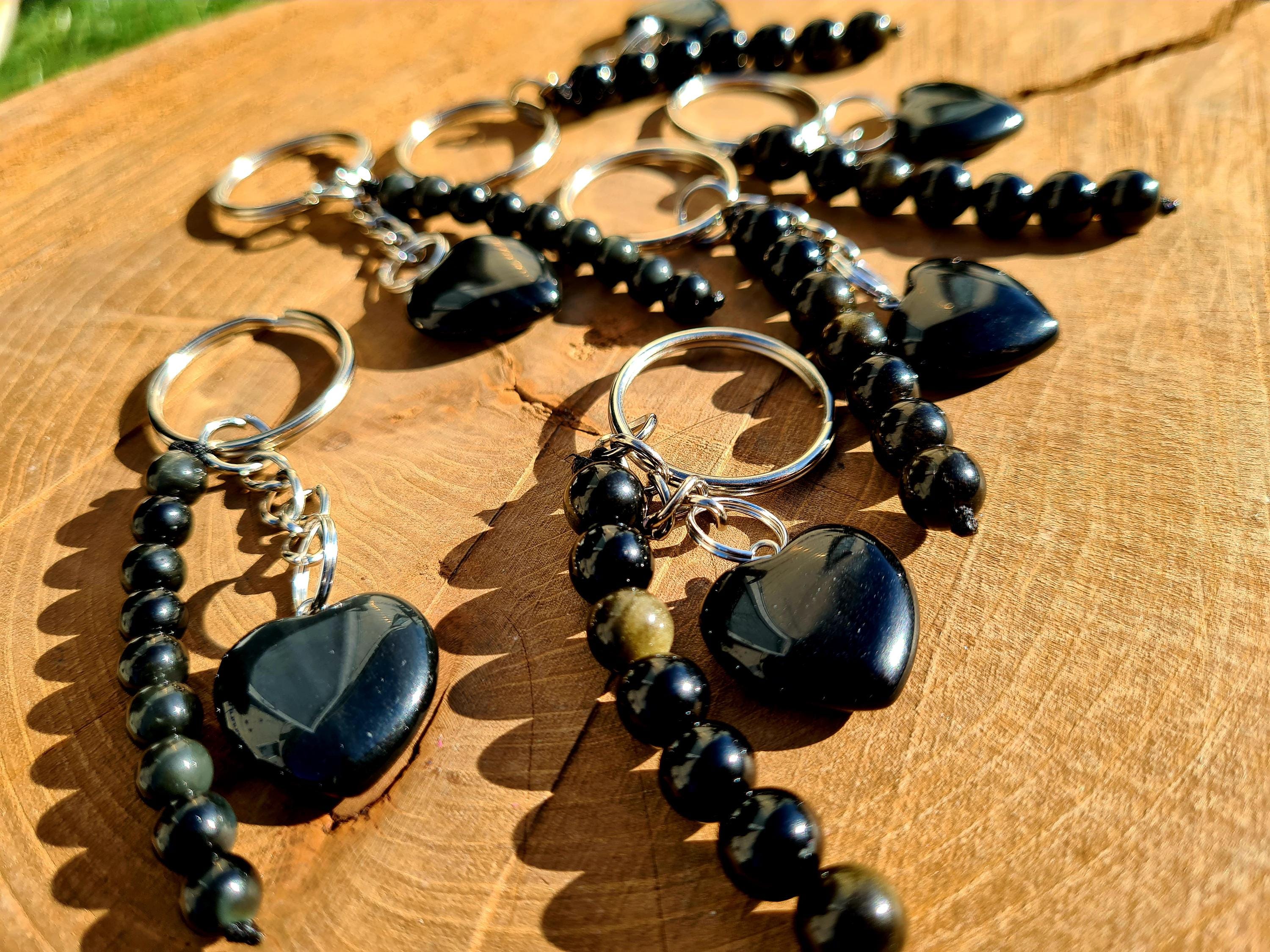 Black Onyx & Black Obsidian Heart Keychain for Protection