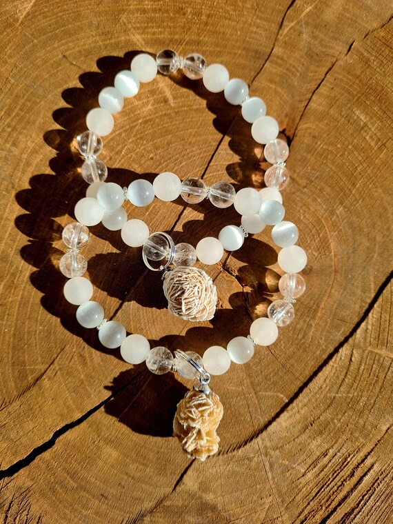 Magical Crystal Desert Rose Bracelet With Selenite, Clear Quartz