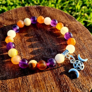 Witch Spell Healing Bracelet with Onyx, Carnelian & Amethyst , pentagram and moons bracelet
