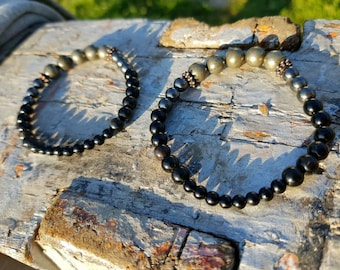 Powerful 5 stones protection bracelet with pyrite, hematite, black onyx, black obsidian, black tourmaline grounding healing strengthening