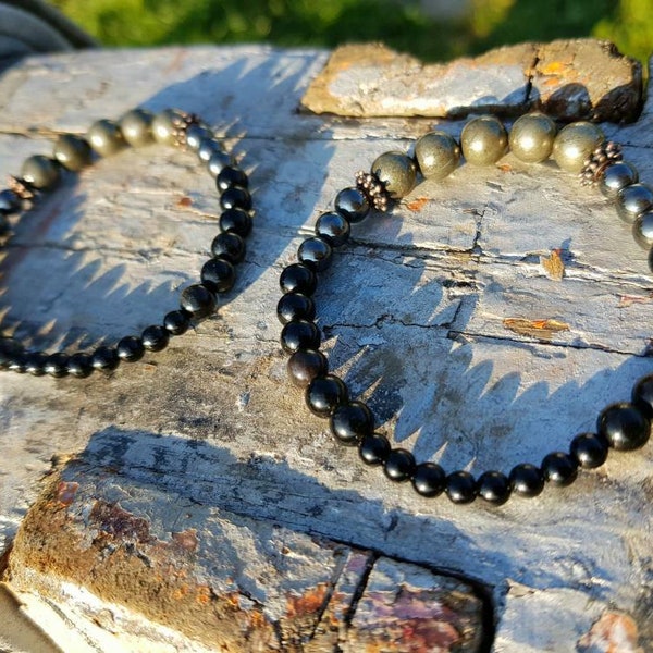 Powerful 5 stones protection bracelet with pyrite, hematite, black onyx, black obsidian, black tourmaline grounding healing strengthening