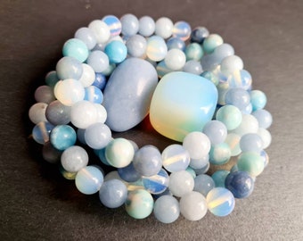 5 Crystals Angelic Realm Contact Healing Bracelet: Larimar, Angelite, Aquamarine, Opalite & Blue Aventurine; other realms communication