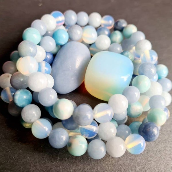 5 Crystals Angelic Realm Contact Healing Bracelet: Larimar, Angelite, Aquamarine, Opalite & Blue Aventurine; other realms communication