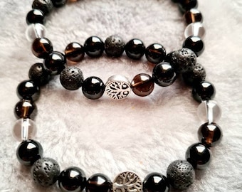 5 stones Powerful Healing Bracelet: Tourmaline, Smoky Quartz, Black Onyx, Volcanic Lava & Crystal Quartz; Tree Of Life Charm, Unique gift