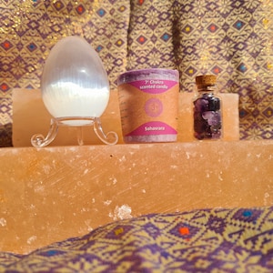 Crown chakra healing set with Selenite Crystal Egg, Amethyst wishing bottle & Crown Chakra healing scented candle sustainable source