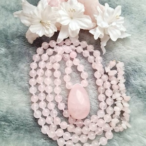 Rose Quartz Mala Healing Necklace 108+1 self-love Healing, Heart Chakra Necklace,  Rose Quartz Necklace, Rose Quartz Egg Necklace, 40mm egg