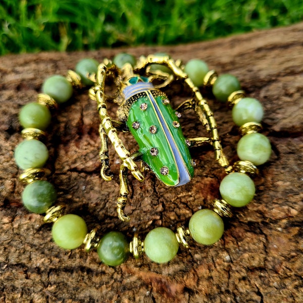 Beetle messenger brooch & Green Jade  Healing bracelet, good luck, creation, teamwork, rebirth, and adaptability, longevity and wisdom