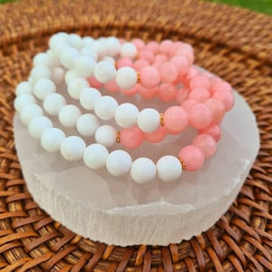 Pink & White Jade Healing Bracelet 8mm, Jade bracelet
