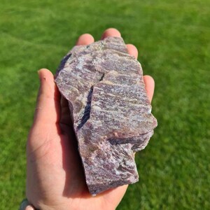 Peut inclure: Une main tient une pierre brute et feuilletée aux nuances de violet et de blanc. La pierre a une forme naturelle et irrégulière et une surface texturée. L'arrière-plan est une pelouse verte floue, suggérant un cadre extérieur. La pierre est un minéral naturel.