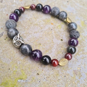 Powerful Witch Healing Bracelet, Larvikite, Volcanic Lava, Amethyst, Golden Black Obsidian, Red Garnet: Strength, Vitality, Protection; 10mm