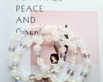 Angelic Calm Healing armband met engel aurakwarts, seleniet, lichtblauwe agaat: gemoedsrust, innerlijke rust, stemmingsboost, meditatiestaat