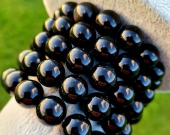 Pulsera de cristal de obsidiana negra de 12 mm: conexión a tierra, protección, equilibrio, liberación de bloqueos emocionales, transformación, pulsera para mujer y hombre.
