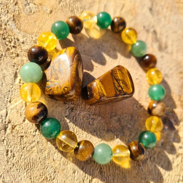 Bracelet de guérison en citrine, aventurine verte et oeil de tigre 8 mm