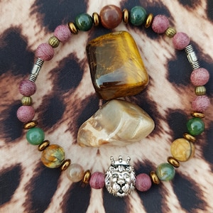 Lion Power Healing Bracelet, Picasso Jasper, Sandalwood, African turquoise, gift idea, healing stones, unique bracelet, Safari, Tibetane