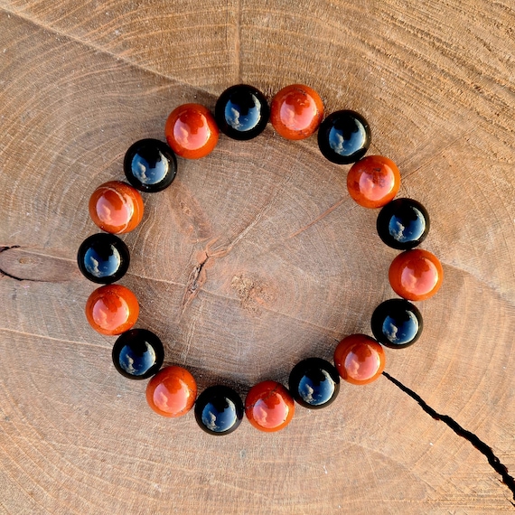 Black Obsidian & Red Jasper 12mm Crystal Bracelet - Grounding