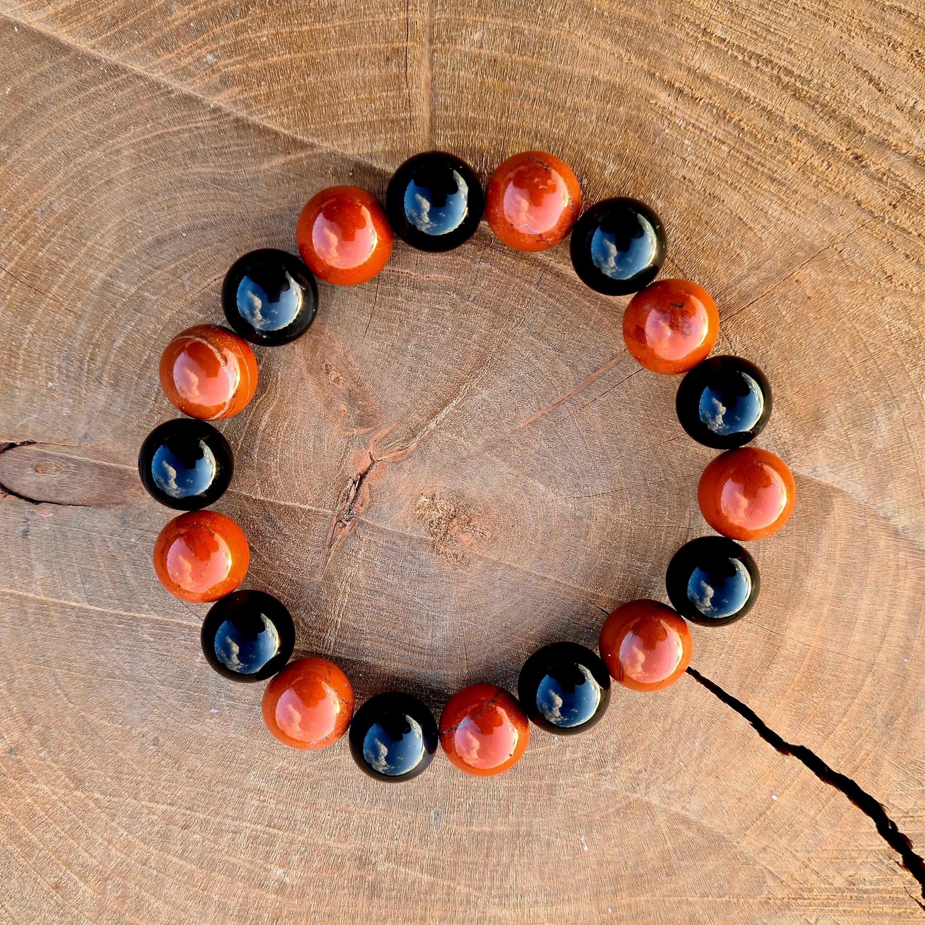 Black Obsidian & Red Jasper 12mm Crystal Bracelet - Grounding