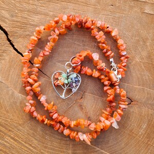 Carnelian Crystal Necklace & 7 chakras tree pendant- courage, strength, creativity, natural antidepressant, Solar Plexus and Sacral Chakra