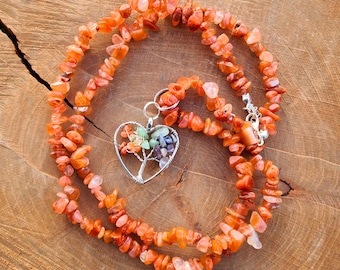 Carnelian Crystal Necklace & 7 chakras tree pendant- courage, strength, creativity, natural antidepressant, Solar Plexus and Sacral Chakra