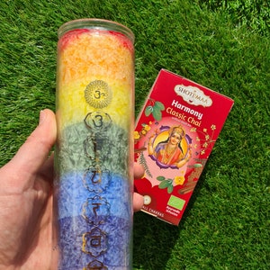 All Chakras Healing Set: cedar scented Candle & Chakras Ayurveda Chai Tea