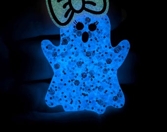 Glow in the Dark Ghost Badge Reel: Glitter Bow Retractable ID Holder