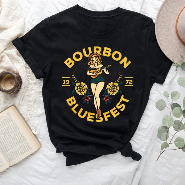 Bourbon Blues Fest 1972 Vintage Pinup Girl Playing Guitar T-Shirt, Music Festival Shirt, Music Shirt For Women, Women Love Music Shirt