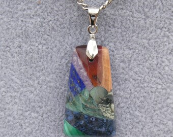 Stone Mosaic Pendant, River, Mountains, Rainbow, Psychedelic, Sunset