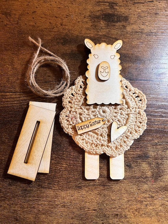 Doily Llama, Rustic Little Llama Unpainted DIY Kit with coffee stained doily