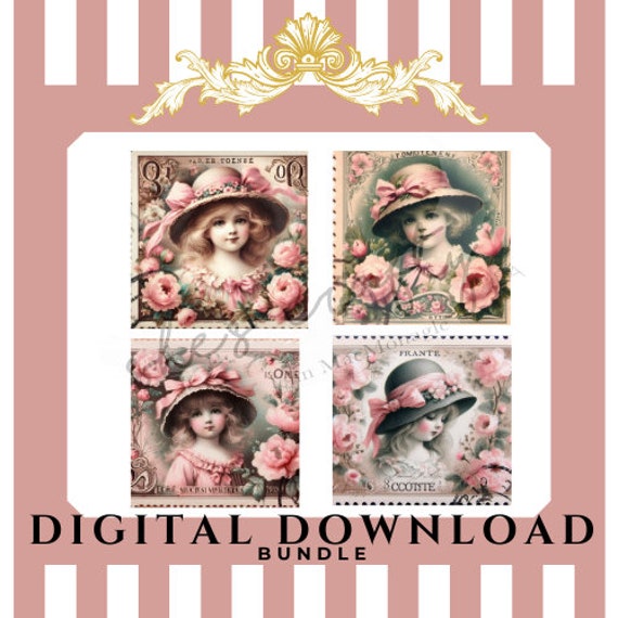 Vintage Girl in Pink Digital Prints Bundle (11 Prints)