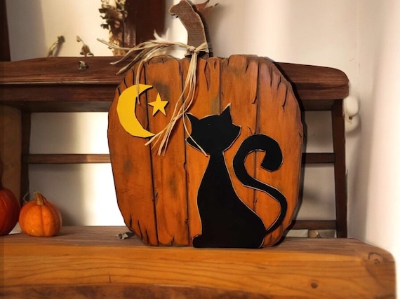 Farmhouse Pumpkin with Cat Shelf Sitter Unpainted wood cutout Kit.