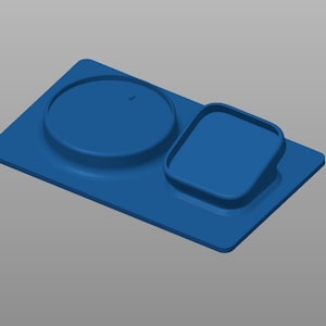 May include: A blue plastic tray with two compartments. The larger compartment is round and the smaller compartment is rectangular.