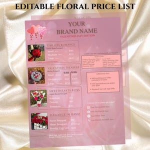 Puede incluir: Una lista de precios floral rosa con el texto "Editable Floral Price List" y "Your Brand Name Valentines Day Edition". La lista incluye opciones de ramos como "Timeless Romance" y "Sweethearts Bliss", con precios.