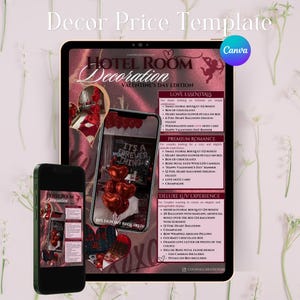 May include: A digital marketing template for hotel room decorations displayed on a tablet and smartphone screen. The design features a dark red and pink color scheme with text detailing packages like Love Essentials, Premium Romance, and Deluxe Luv Experience, including lists of items such as roses, chocolates, and heart-shaped balloons.