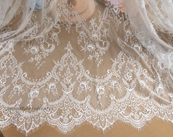 White Soft Chantilly French Eyelash Stretch Lace Fabric DIY Wedding Bridal Dress 59'' Width Vintage Veil Lace