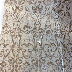 Glitter Gold Sequin Lace Fabric Stretch Mesh Prom Gown Dress Fabric By The Yard 51&#39;&#39; Width