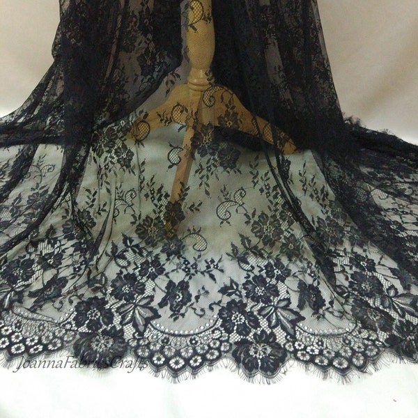 Black Eyelash French Chantilly Lace Fabric /Graceful Floral Fabric /Mantilla Lace Fabric /59'' wide Soft Lace