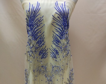 Navy Blue Dentelle Brodée Pearl Rhinestone Patches Applique pour DIY Fabric Trim Neckline Wedding Bridal Prom Dress 30x130cm