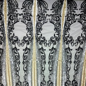 2025 Black w/gold Sequin Fabric Stretch Mesh / Embroidery Lace Fabric/ Prom Gown Dress Fabric_By The Yard 50&#39;&#39; Width