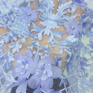 Baby Blue Handmade 3D Chiffon Flowers Embroidery Fabric with Pearls Tulle Lace wedding, haute couture bridal gown, prom dress 51&#39;&#39; width