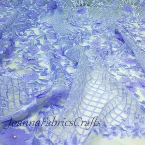 2025 Light Blue Handmade 3D Chiffon Flowers Heavy Embroidery Fabric with Pearls Tulle Lace wedding, bridal gown, prom dress 51&#39;&#39; width