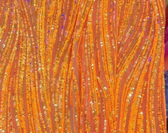 2024 Hot Orange Sequin Lace Fabric 4ways Strech Mesh Heavy Embroidery Prom Gown Dress Fabric By the Yard 50'' Width