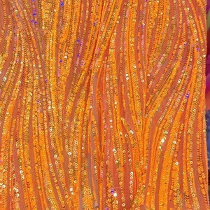 2024 Hot Orange Sequin Lace Fabric 4ways Strech Mesh Heavy Embroidery Prom Gown Dress Fabric By the Yard 50'' Width image 1